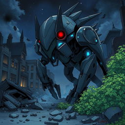 A Ghibli-style illustration featuring an ominous, sharp metal animalistic robot with modern and realistic design, glowing blue lights, and striking red eyes