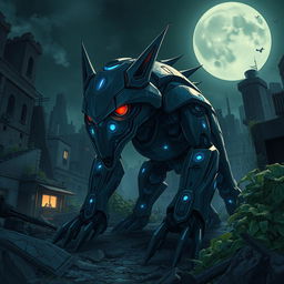 A Ghibli-style illustration featuring an ominous, sharp metal animalistic robot with modern and realistic design, glowing blue lights, and striking red eyes