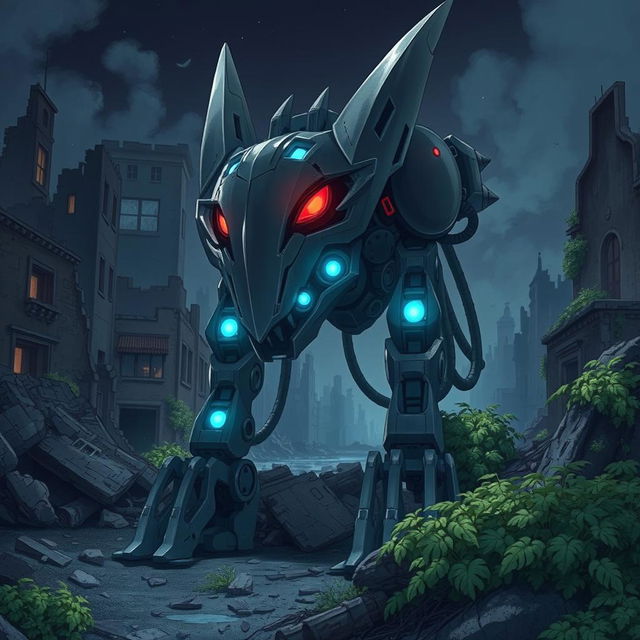 A Ghibli-style illustration featuring an ominous, sharp metal animalistic robot with modern and realistic design, glowing blue lights, and striking red eyes