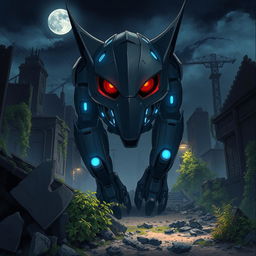 A Ghibli-style illustration featuring an ominous, sharp metal animalistic robot with modern and realistic design, glowing blue lights, and striking red eyes