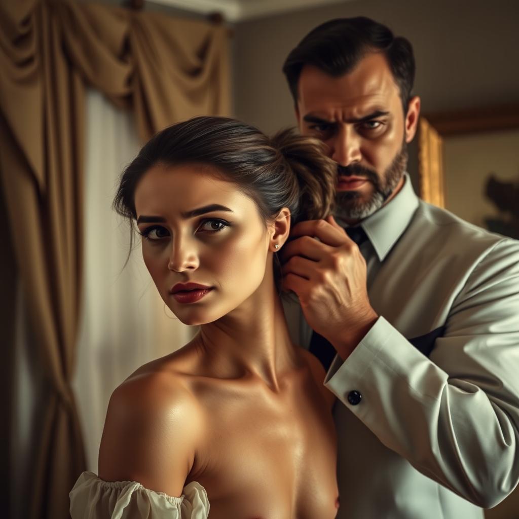 A beautiful woman with her hair tied back, featuring a confident yet concerned expression, stands in a softly lit room