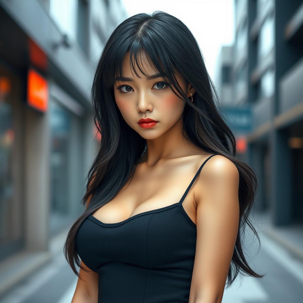 A 30-year-old Japanese woman with large breasts, dressed in a sexy outfit, frowning with an angry expression on her face