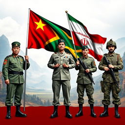 A powerful visual representation of the three armies standing side by side, showcasing their respective flags prominently