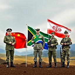 A powerful visual representation of the three armies standing side by side, showcasing their respective flags prominently