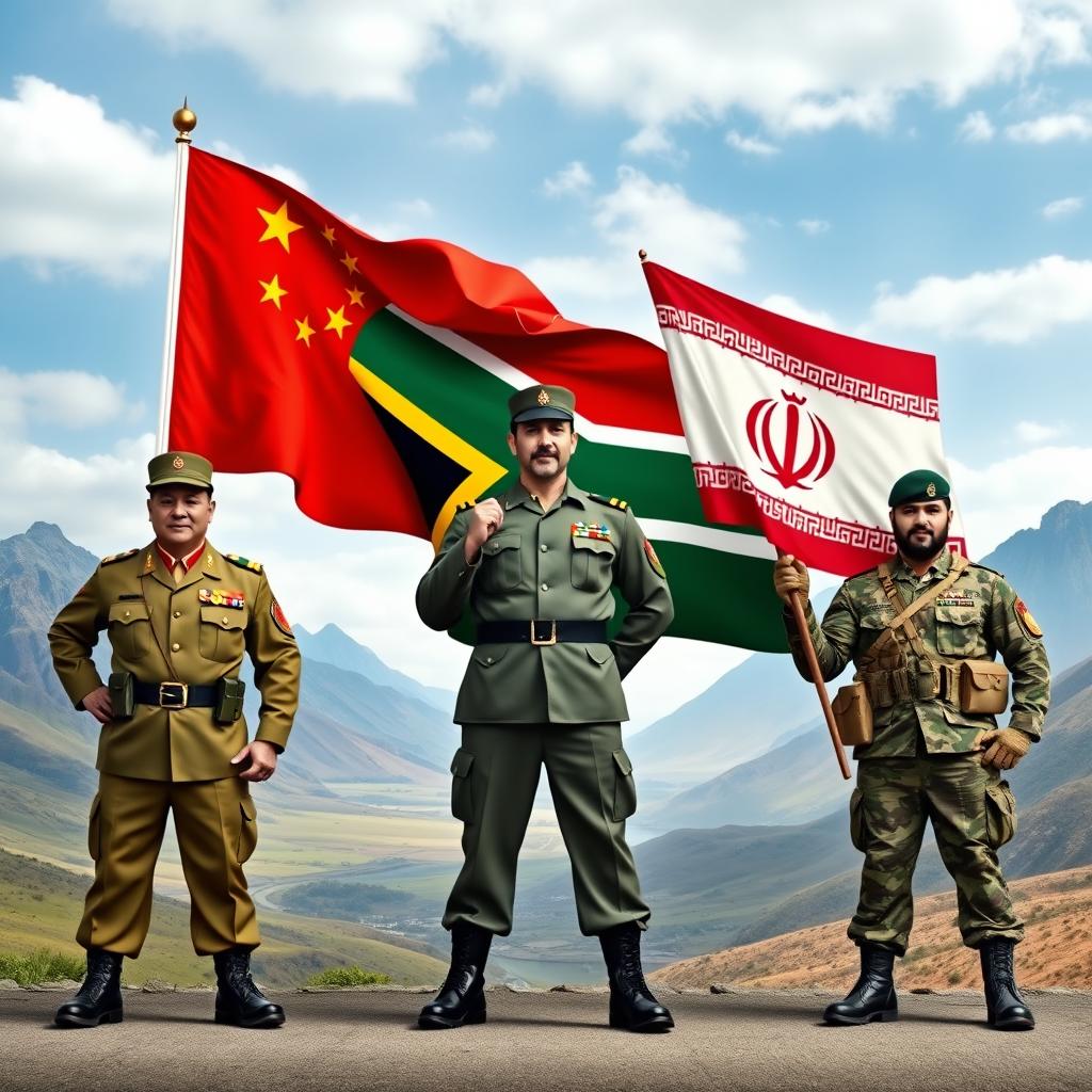 A powerful visual representation of the three armies standing side by side, showcasing their respective flags prominently