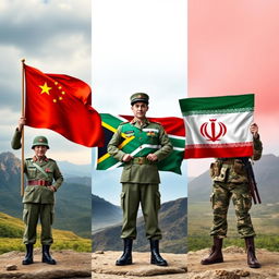 A powerful visual representation of the three armies standing side by side, showcasing their respective flags prominently