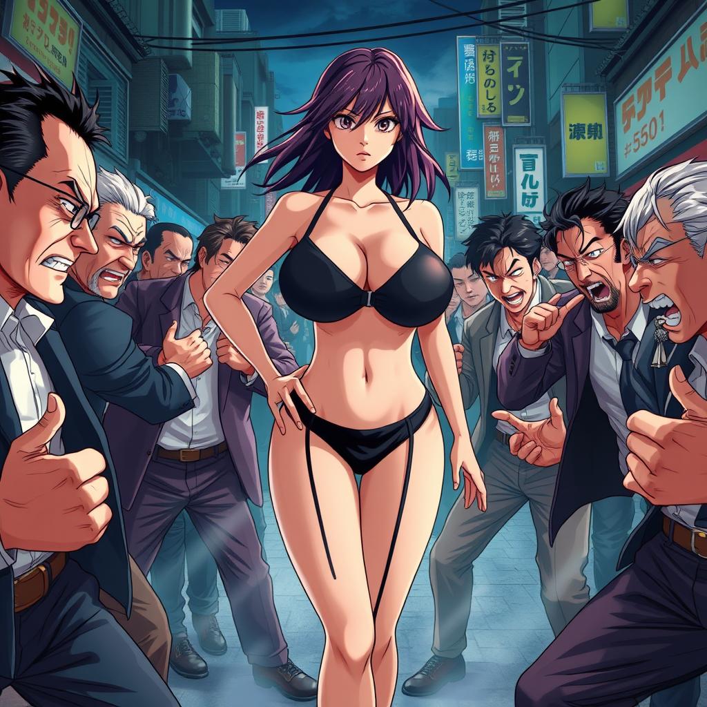 A dramatic and intense scene depicting Japanese men in a fierce competition for the affection of a 30-year-old woman with large breasts, dressed in a provocative outfit