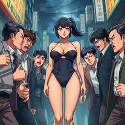 A dramatic and intense scene depicting Japanese men in a fierce competition for the affection of a 30-year-old woman with large breasts, dressed in a provocative outfit