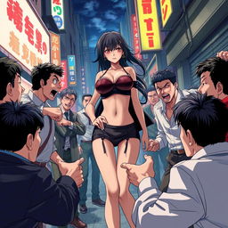 A dramatic and intense scene depicting Japanese men in a fierce competition for the affection of a 30-year-old woman with large breasts, dressed in a provocative outfit