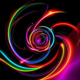 A striking visual featuring a vibrant blend of abstract geometric shapes and patterns in bright neon colors, set against a solid black background