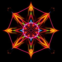 A striking visual featuring a vibrant blend of abstract geometric shapes and patterns in bright neon colors, set against a solid black background
