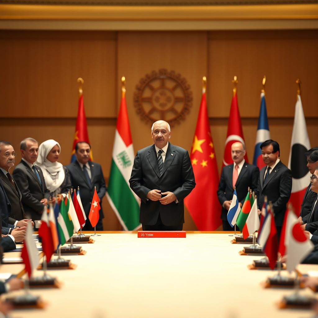 A diplomatic gathering featuring the presidents of Morocco, Iraq, Poland, China, Japan, and France all together in a grand setting