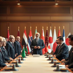 A diplomatic gathering featuring the presidents of Morocco, Iraq, Poland, China, Japan, and France all together in a grand setting