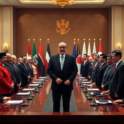 A diplomatic gathering featuring the presidents of Morocco, Iraq, Poland, China, Japan, and France all together in a grand setting