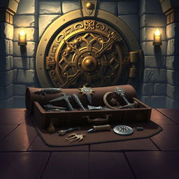 In a fantasy anime setting, depict a bank basement with an intricate, imposing vault door in the background