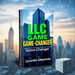 A visually striking book cover design featuring a realistic cityscape with towering skyscrapers representing business success and growth