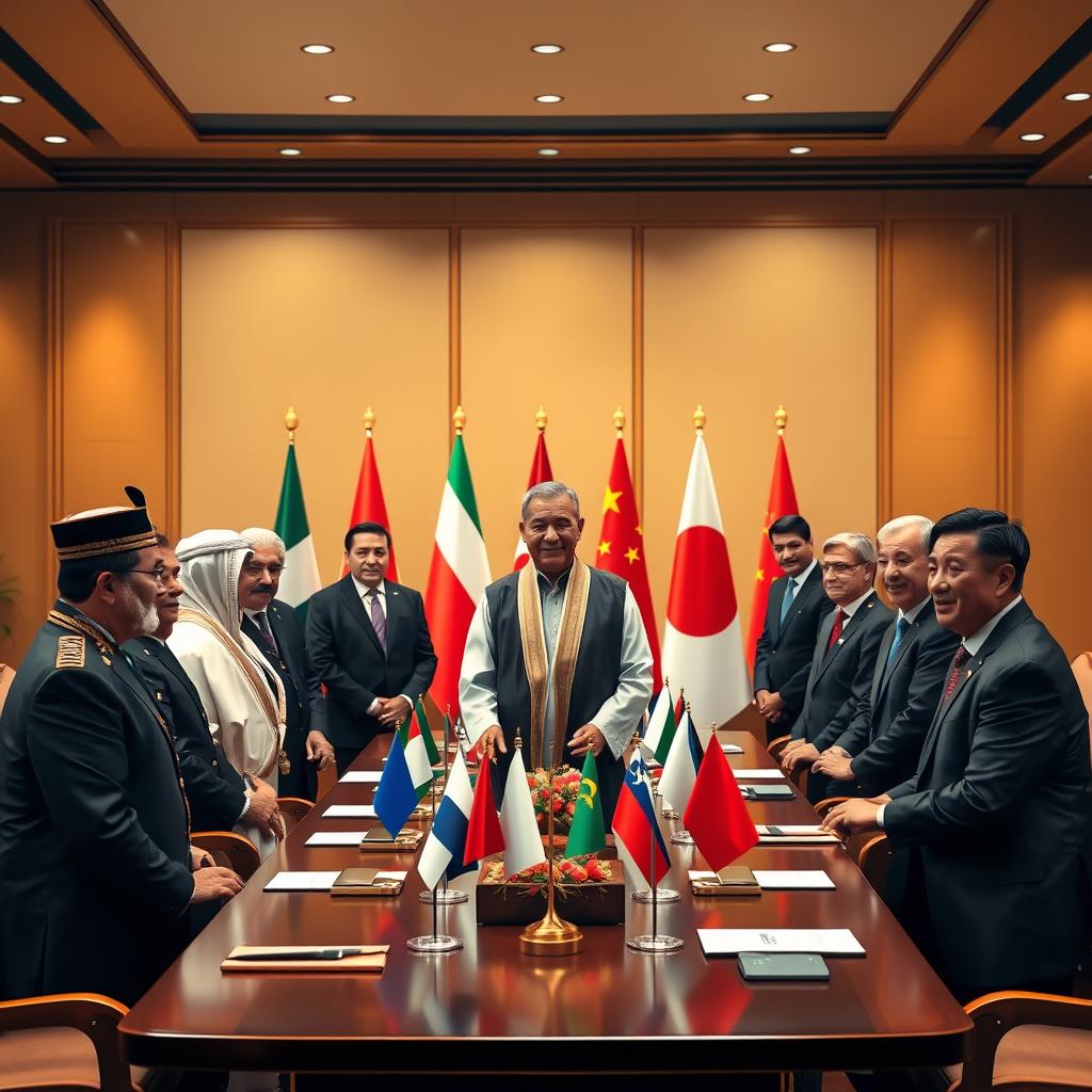 A diplomatic summit featuring the presidents of Morocco, Iraq, Poland, China, Japan, and France, gathered together in a formal setting