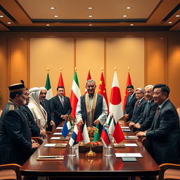 A diplomatic summit featuring the presidents of Morocco, Iraq, Poland, China, Japan, and France, gathered together in a formal setting
