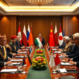 A diplomatic summit featuring the presidents of Morocco, Iraq, Poland, China, Japan, and France, gathered together in a formal setting