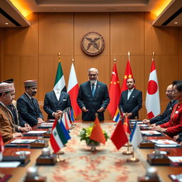 A diplomatic summit featuring the presidents of Morocco, Iraq, Poland, China, Japan, and France, gathered together in a formal setting