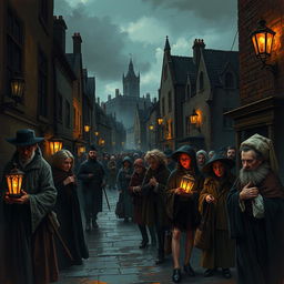 A vivid representation of a historic British city during a plague outbreak, depicting dark, moody streets lined with old stone buildings, shadows cast by flickering lanterns, mournful faces of townspeople wearing period-appropriate attire, some showing signs of illness, others mourning