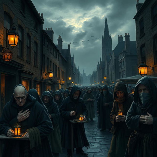 A vivid representation of a historic British city during a plague outbreak, depicting dark, moody streets lined with old stone buildings, shadows cast by flickering lanterns, mournful faces of townspeople wearing period-appropriate attire, some showing signs of illness, others mourning