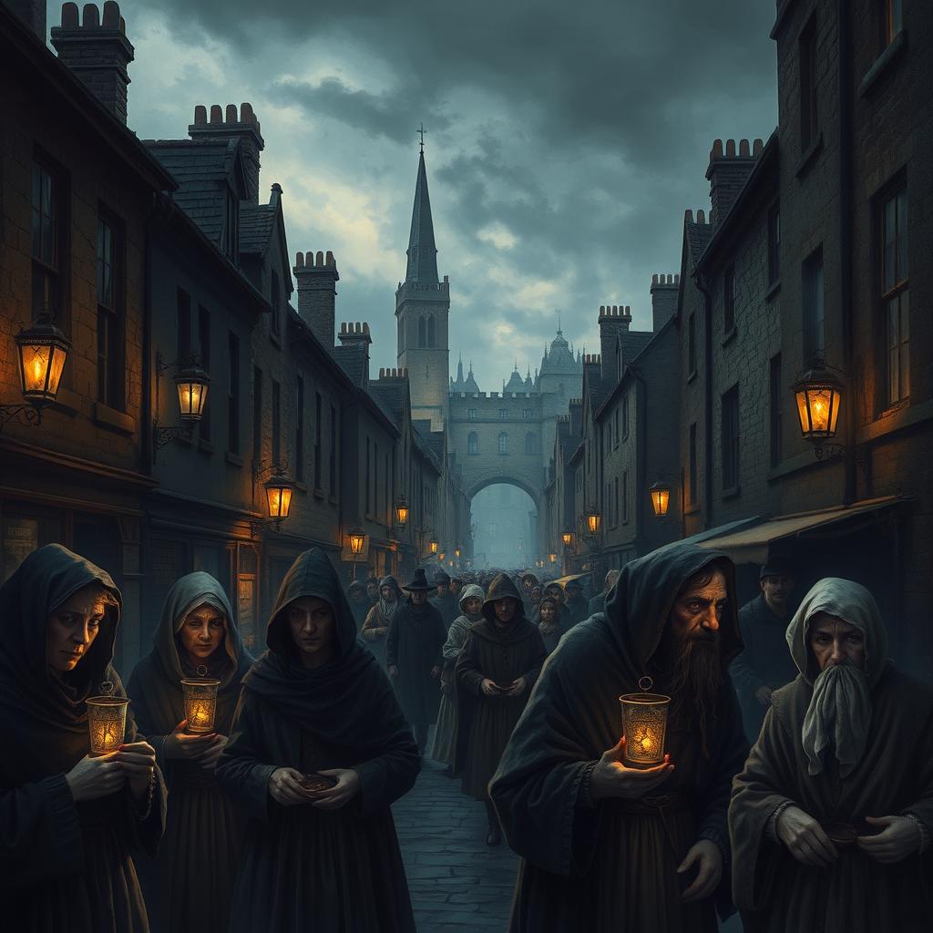 A vivid representation of a historic British city during a plague outbreak, depicting dark, moody streets lined with old stone buildings, shadows cast by flickering lanterns, mournful faces of townspeople wearing period-appropriate attire, some showing signs of illness, others mourning