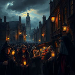 A vivid representation of a historic British city during a plague outbreak, depicting dark, moody streets lined with old stone buildings, shadows cast by flickering lanterns, mournful faces of townspeople wearing period-appropriate attire, some showing signs of illness, others mourning