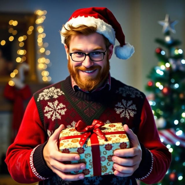 Crowley from Supernatural, dressed in festive Christmas attire, complete with a stylish holiday sweater and a Santa hat