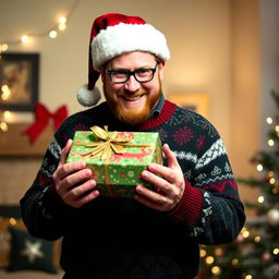 Crowley from Supernatural, dressed in festive Christmas attire, complete with a stylish holiday sweater and a Santa hat