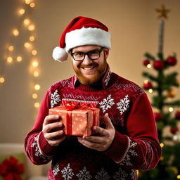 Crowley from Supernatural, dressed in festive Christmas attire, complete with a stylish holiday sweater and a Santa hat
