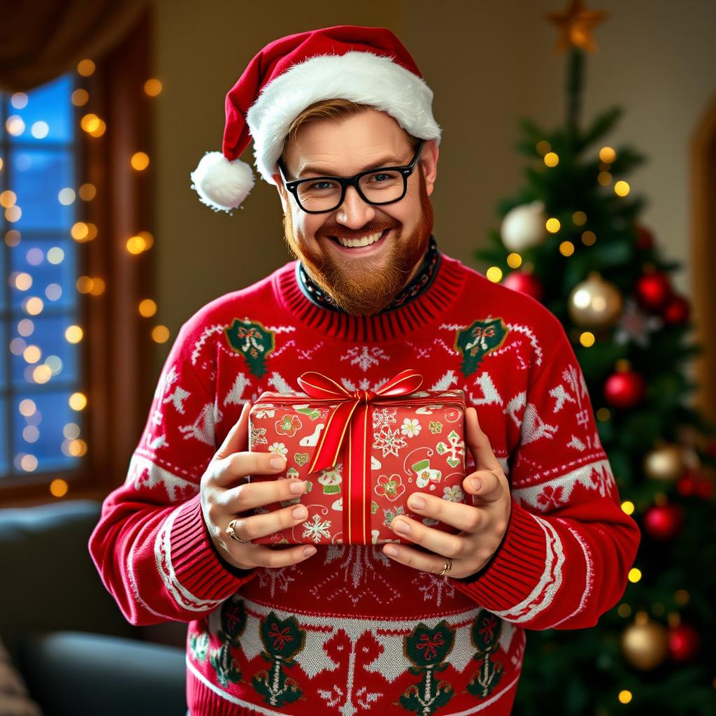 Crowley from Supernatural, dressed in festive Christmas attire, complete with a stylish holiday sweater and a Santa hat