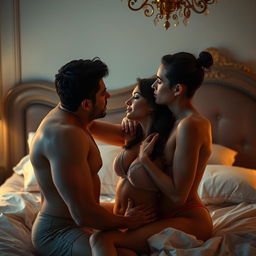 An intimate scene featuring three adult figures engaged in a sensual and passionate interaction, focusing on the connection between them