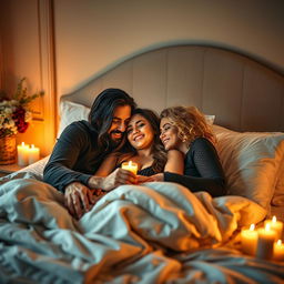 An intimate scene featuring a loving threesome couple in a beautifully decorated bedroom