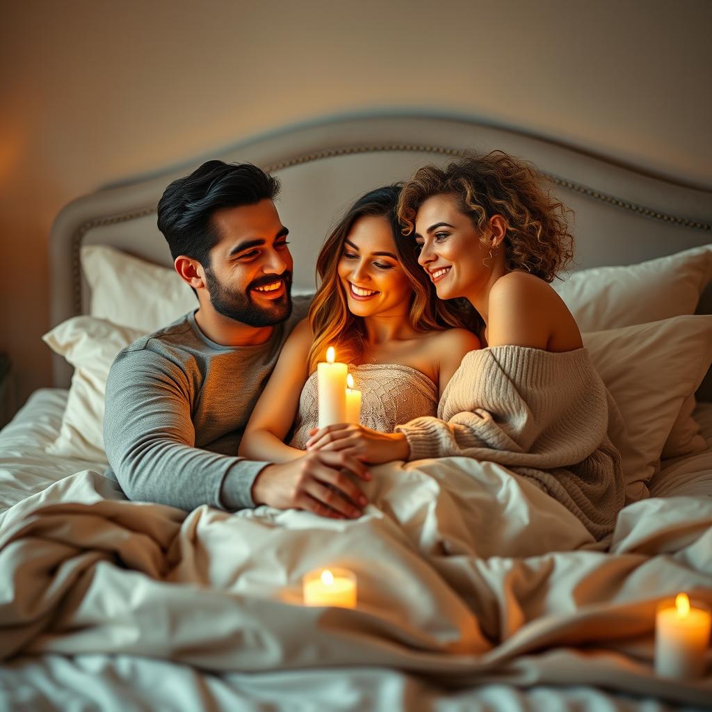 An intimate scene featuring a loving threesome couple in a beautifully decorated bedroom