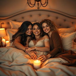 An intimate scene featuring a loving threesome couple in a beautifully decorated bedroom