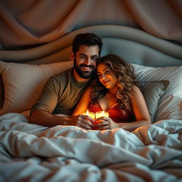 An intimate scene featuring a loving threesome couple in a beautifully decorated bedroom