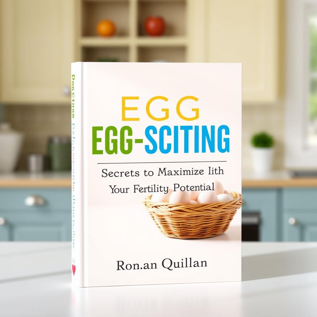 A captivating book cover design featuring a sunny, vibrant kitchen as the background, with a basket of fresh eggs prominently displayed