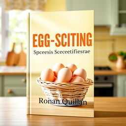 A captivating book cover design featuring a sunny, vibrant kitchen as the background, with a basket of fresh eggs prominently displayed