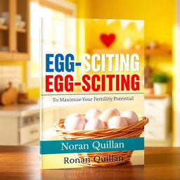 A captivating book cover design featuring a sunny, vibrant kitchen as the background, with a basket of fresh eggs prominently displayed