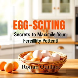A captivating book cover design featuring a sunny, vibrant kitchen as the background, with a basket of fresh eggs prominently displayed