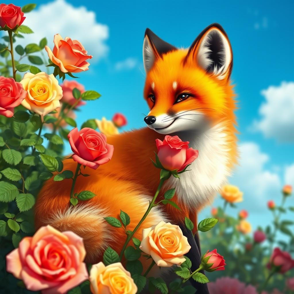 A beautiful fox with soft, fluffy fur in vibrant orange and white shades, sitting gracefully among a lush garden filled with blooming roses of various colors including red, pink, and yellow