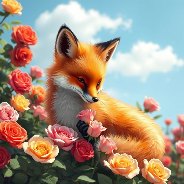 A beautiful fox with soft, fluffy fur in vibrant orange and white shades, sitting gracefully among a lush garden filled with blooming roses of various colors including red, pink, and yellow