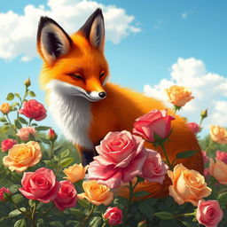 A beautiful fox with soft, fluffy fur in vibrant orange and white shades, sitting gracefully among a lush garden filled with blooming roses of various colors including red, pink, and yellow