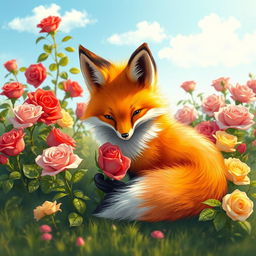 A beautiful fox with soft, fluffy fur in vibrant orange and white shades, sitting gracefully among a lush garden filled with blooming roses of various colors including red, pink, and yellow