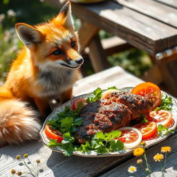 A playful fox with bright orange fur, sitting attentively beside a delicious-looking kebapche, a traditional Balkan grilled minced meat dish