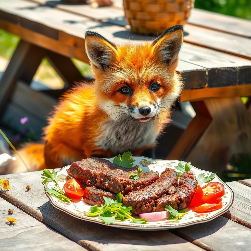 A playful fox with bright orange fur, sitting attentively beside a delicious-looking kebapche, a traditional Balkan grilled minced meat dish