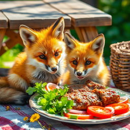 A playful fox with bright orange fur, sitting attentively beside a delicious-looking kebapche, a traditional Balkan grilled minced meat dish