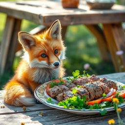 A playful fox with bright orange fur, sitting attentively beside a delicious-looking kebapche, a traditional Balkan grilled minced meat dish