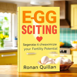 A realistic flat cover design for a book titled 'EGG-SCITING Secrets to Maximize Your Fertility Potential', set against the background of a sunny, vibrant kitchen